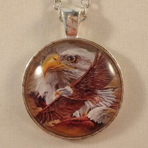 Mens Silver Bald Eagle Bird Cabochon Pendant Chain Necklace Gift